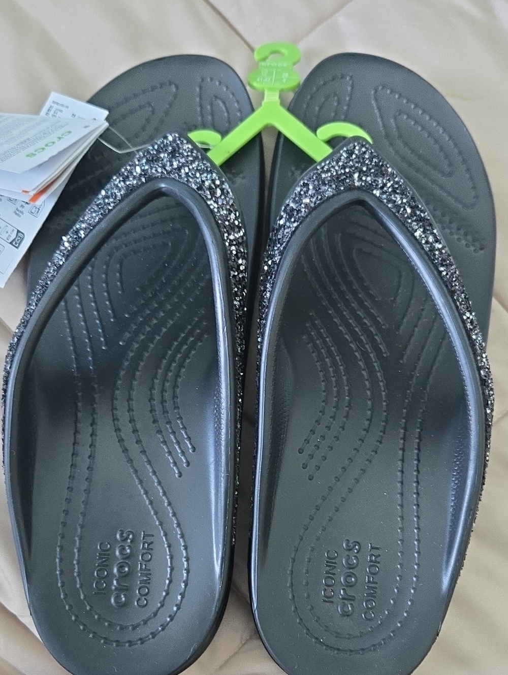 CROCS Women's Black Glitter Flip Sandals